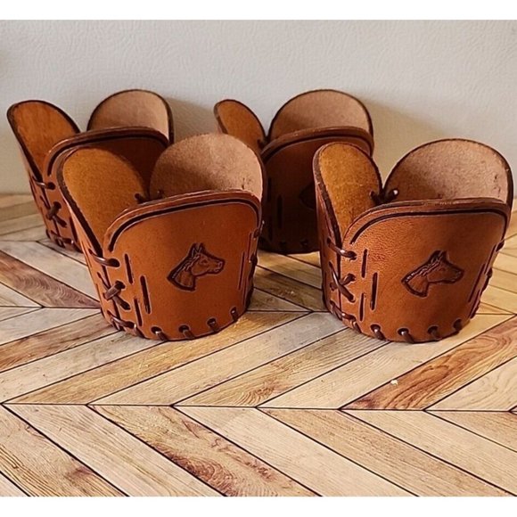 4 Tooled Leather Koozie Drink Holders Country Western Horse Head Vintage
